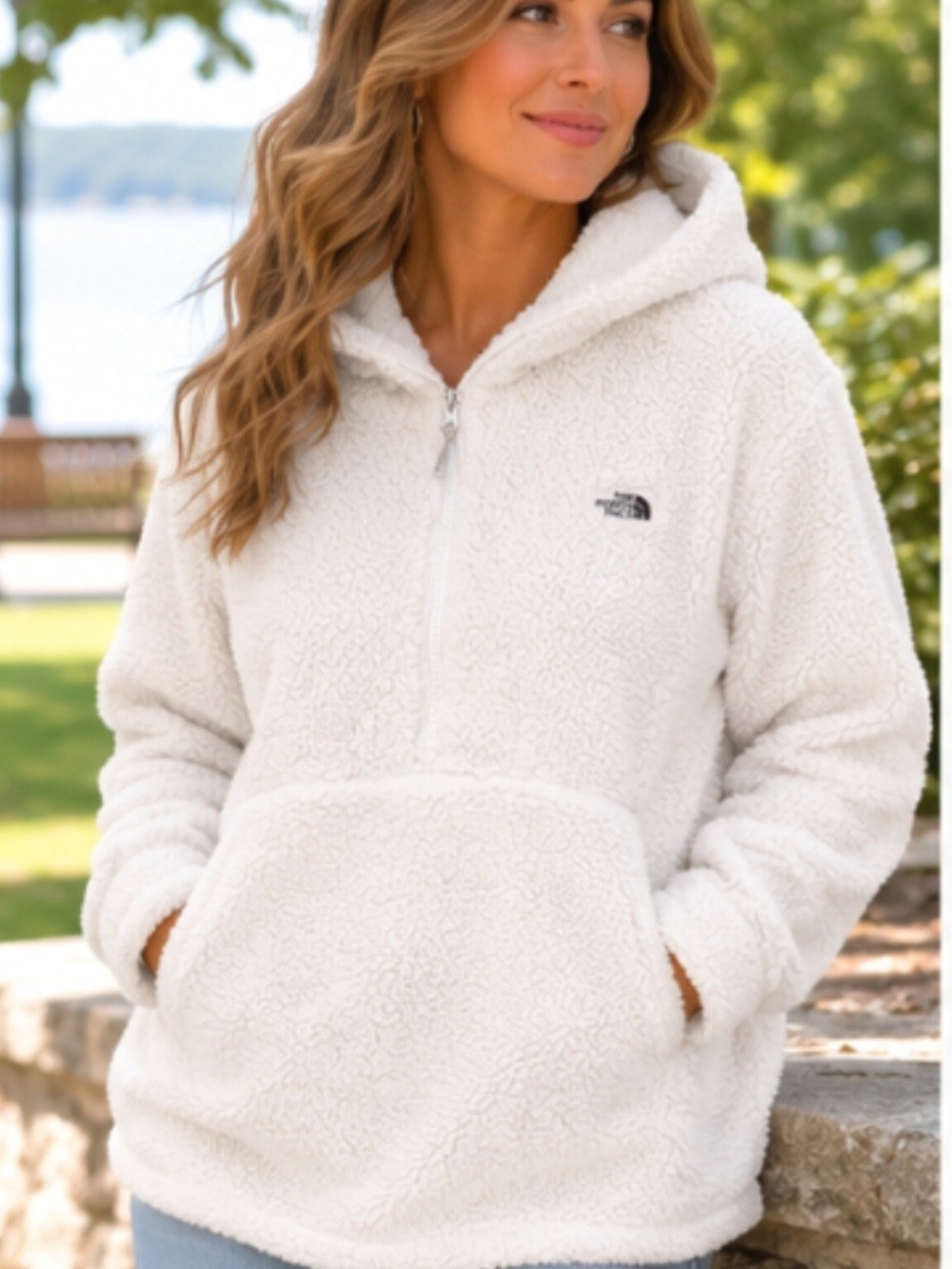The North Face Womens Ridge Hi-Low Hem Sherpa Fleece Tunic Hoodie Half Zip Large